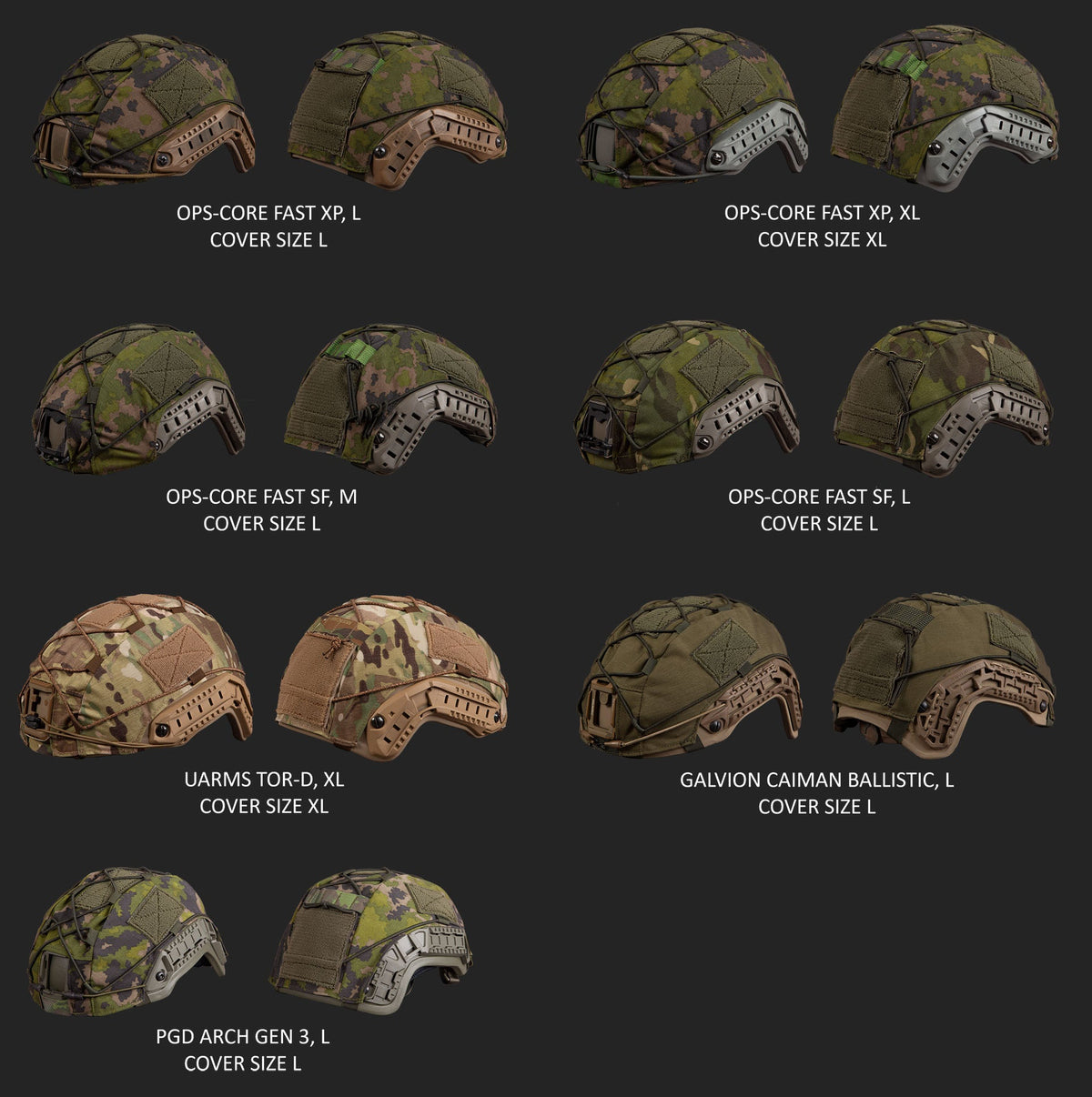 Various Savotta high cut helmet covers displayed on a dark background with labels.
