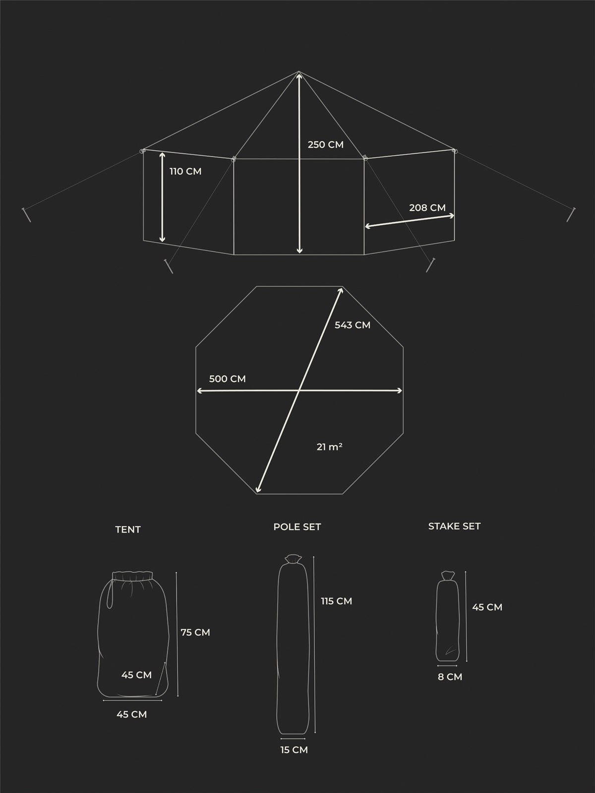 Technical diagram of a Savotta MIL 20-250 tent with dimensions on a black background