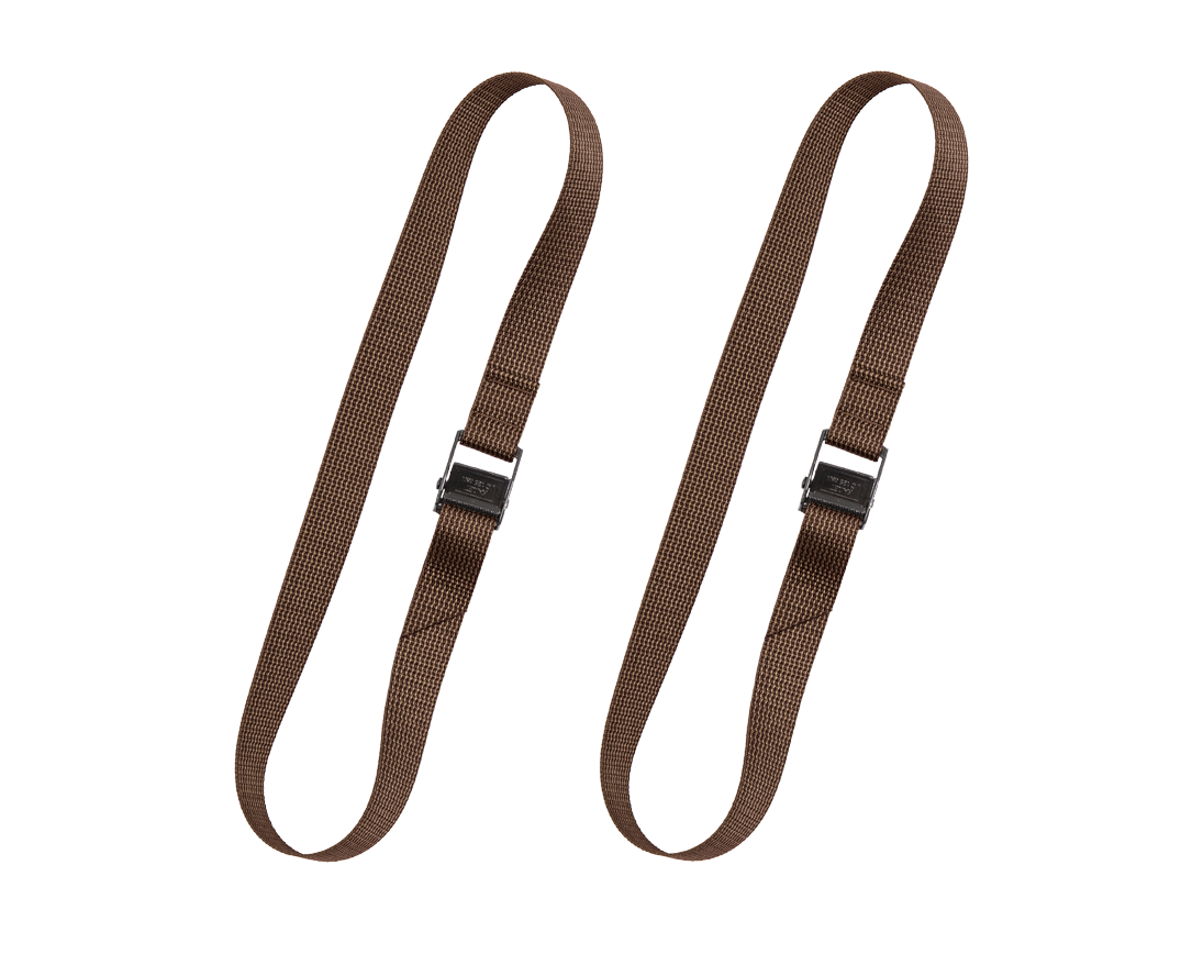 Two brown 80 cm pack straps with cam buckles.