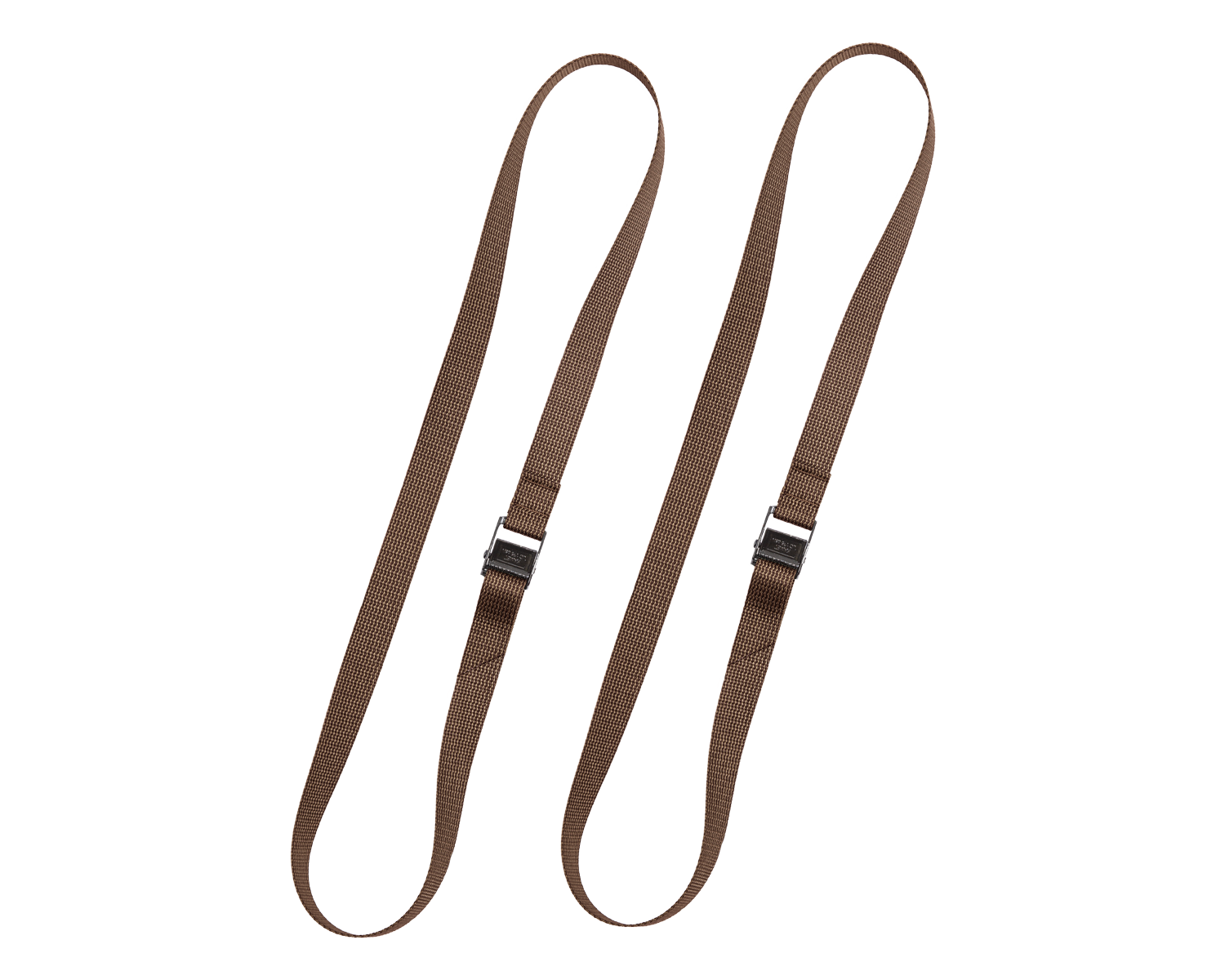 Two brown 120 cm pack straps with cam buckles.