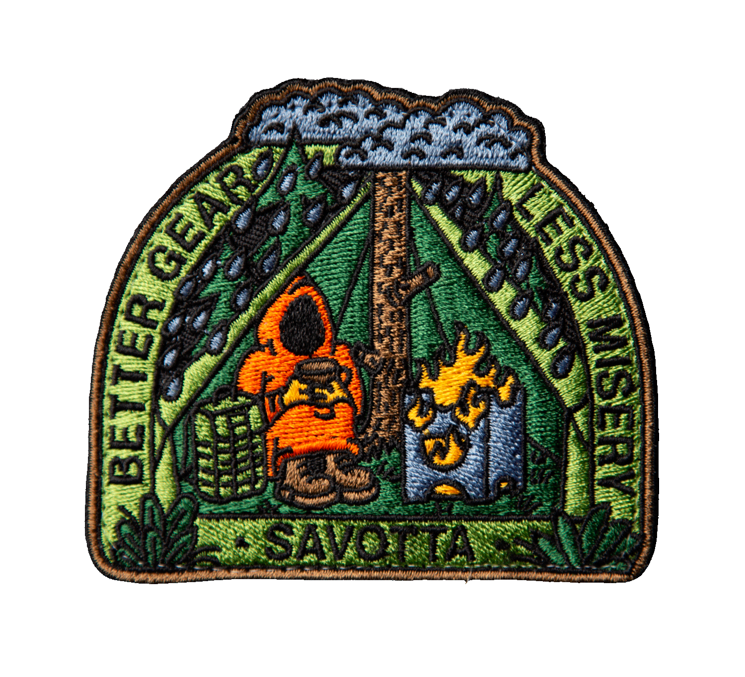 Embroidered Savotta Better gear less misery -patch with a cult person inside a tent while it's raining