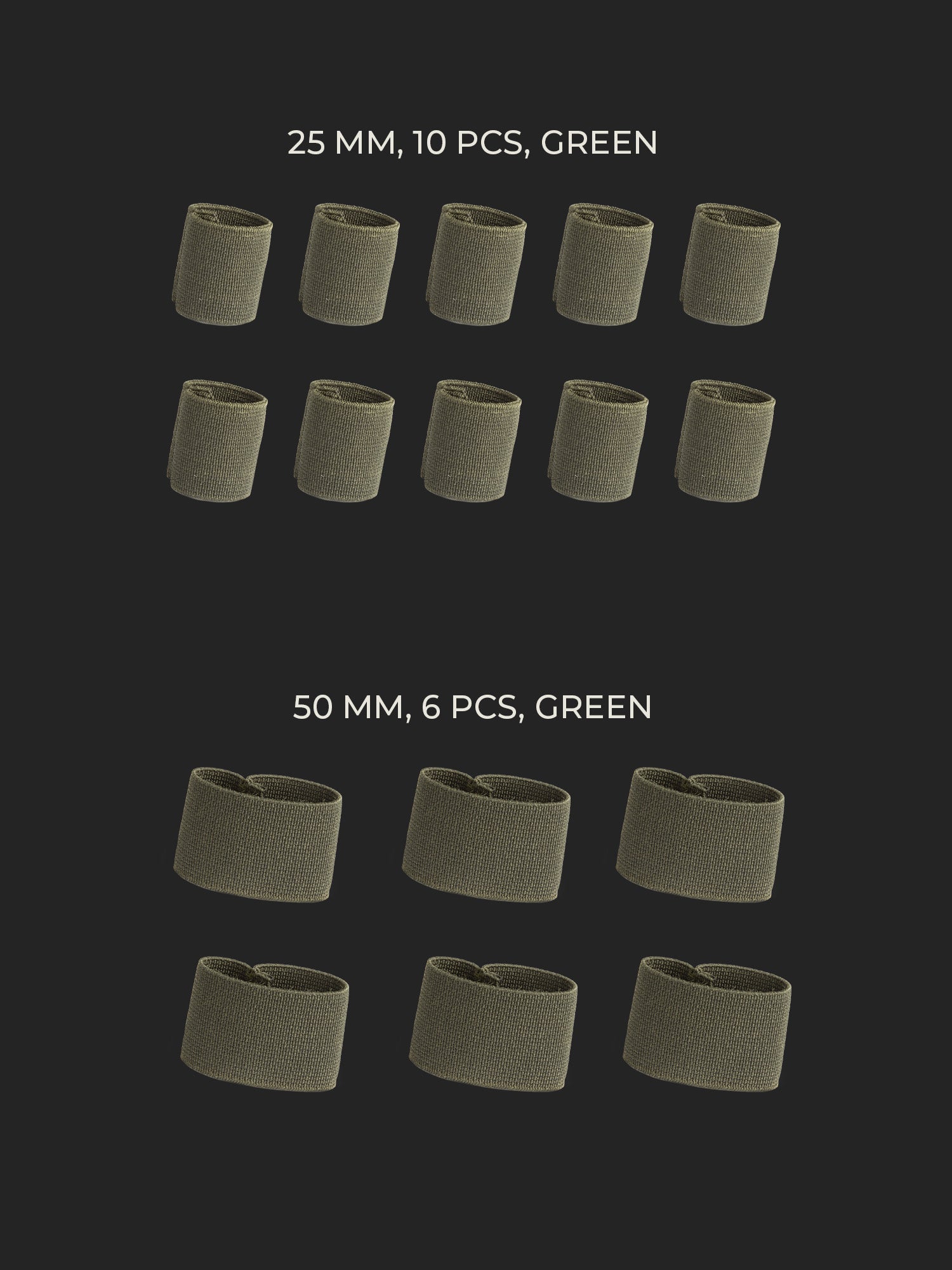 Picture with 10 pcs of 25 mm and 6 pcs of 50 mm Savotta strap keepers, demonstrating how many are included in one packet