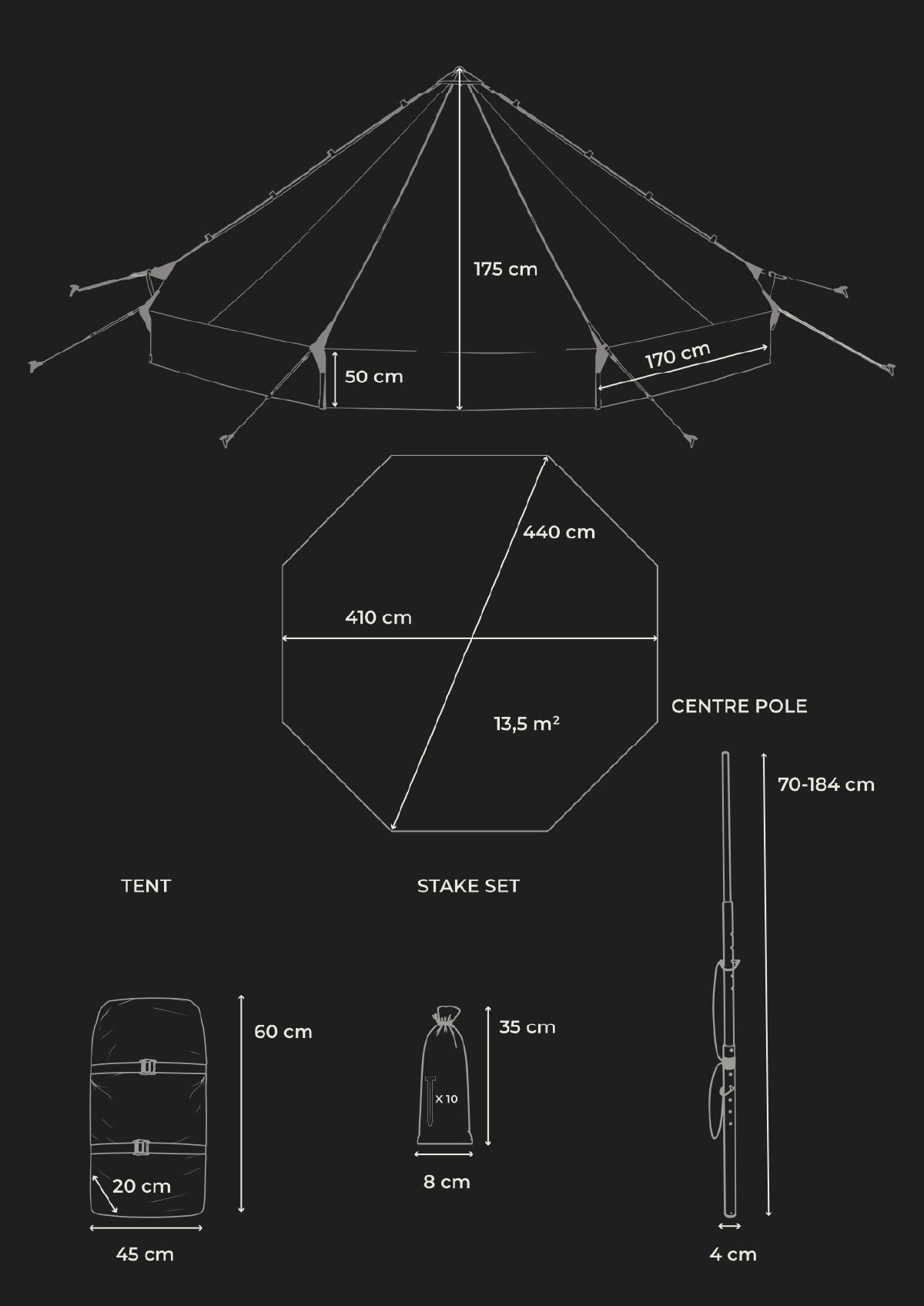 Technical drawing of a Savotta Hawu 8 tent setup with dimensions on a black background