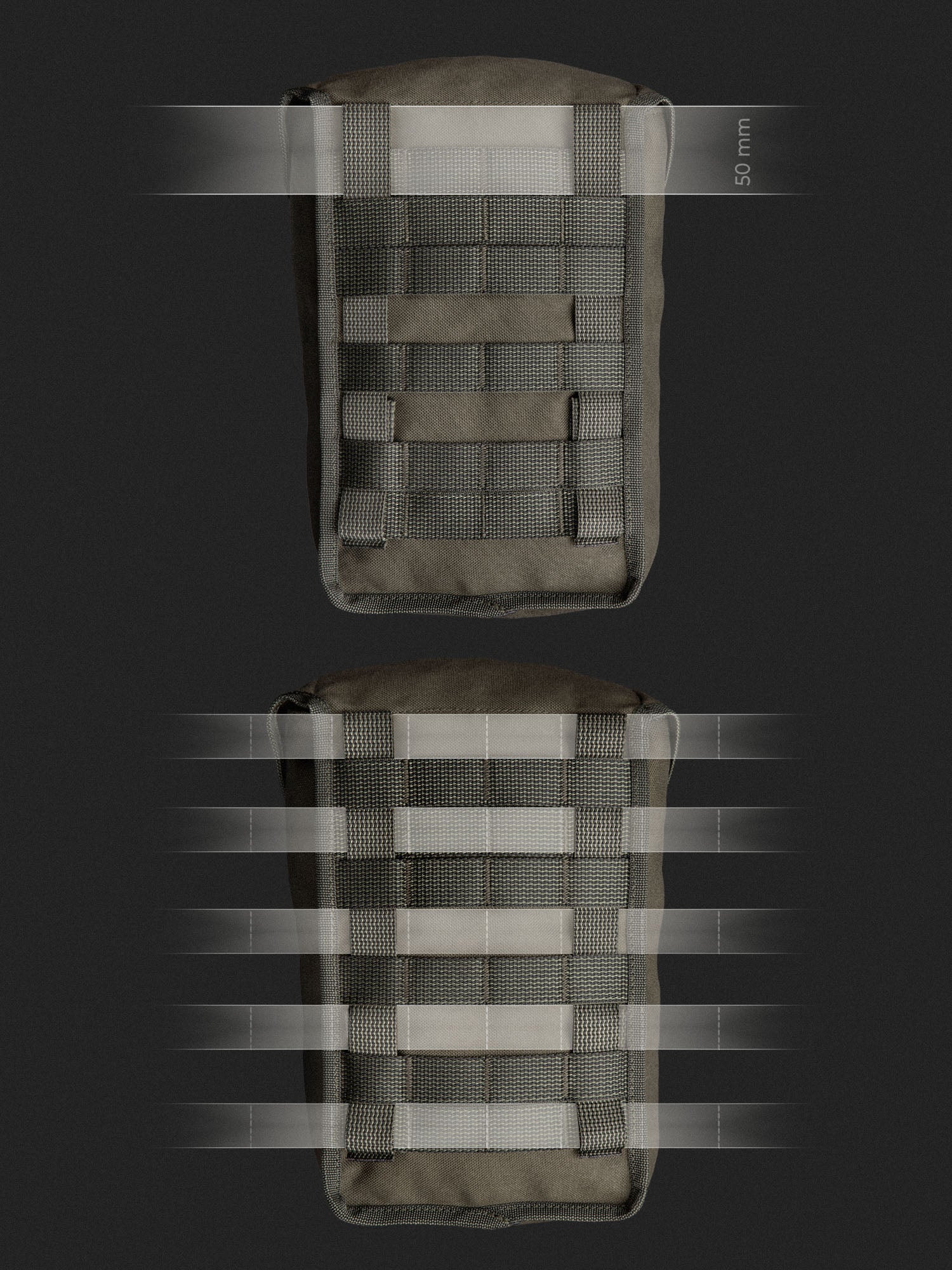 Technical image of a Savotta Lidded GP pouch 4x5 showing the PALS attachment styles on a black background
