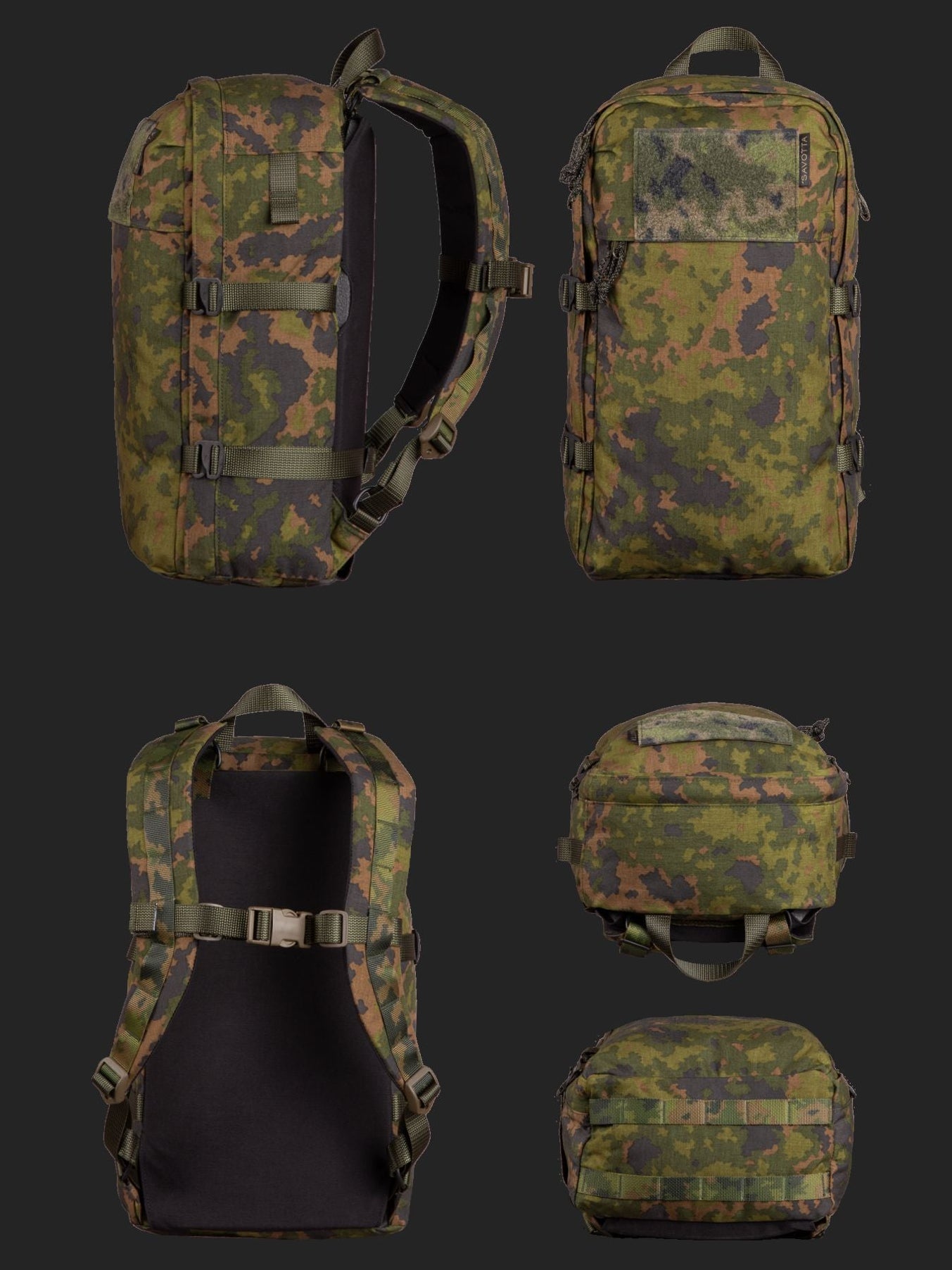 Savotta Niukka 20L backpack shown from multiple angles on a black background