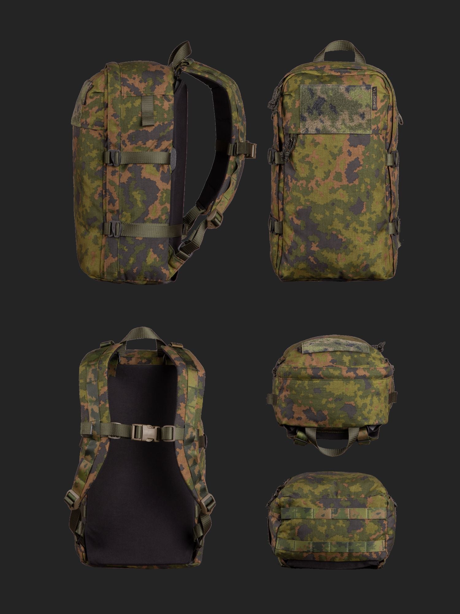 Savotta Niukka 20L backpack shown from multiple angles on a black background