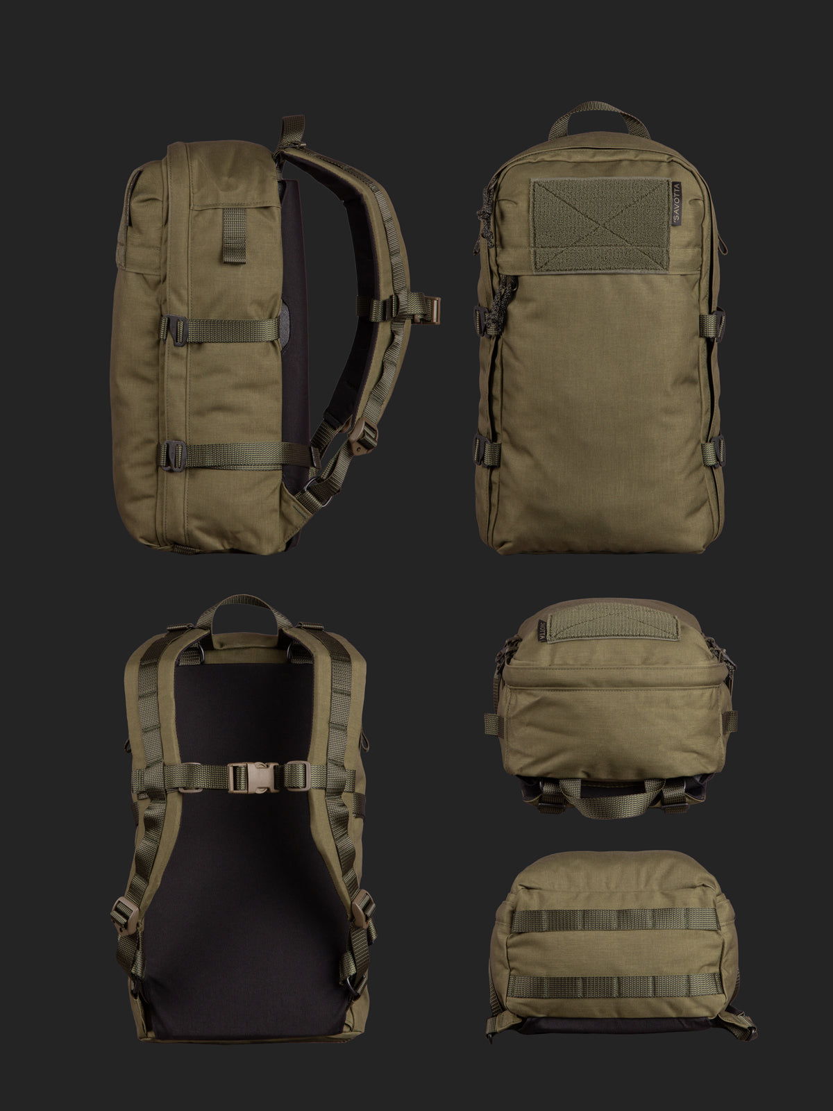 Savotta Niukka 20L green photographed from the side, top, bottom, front and back