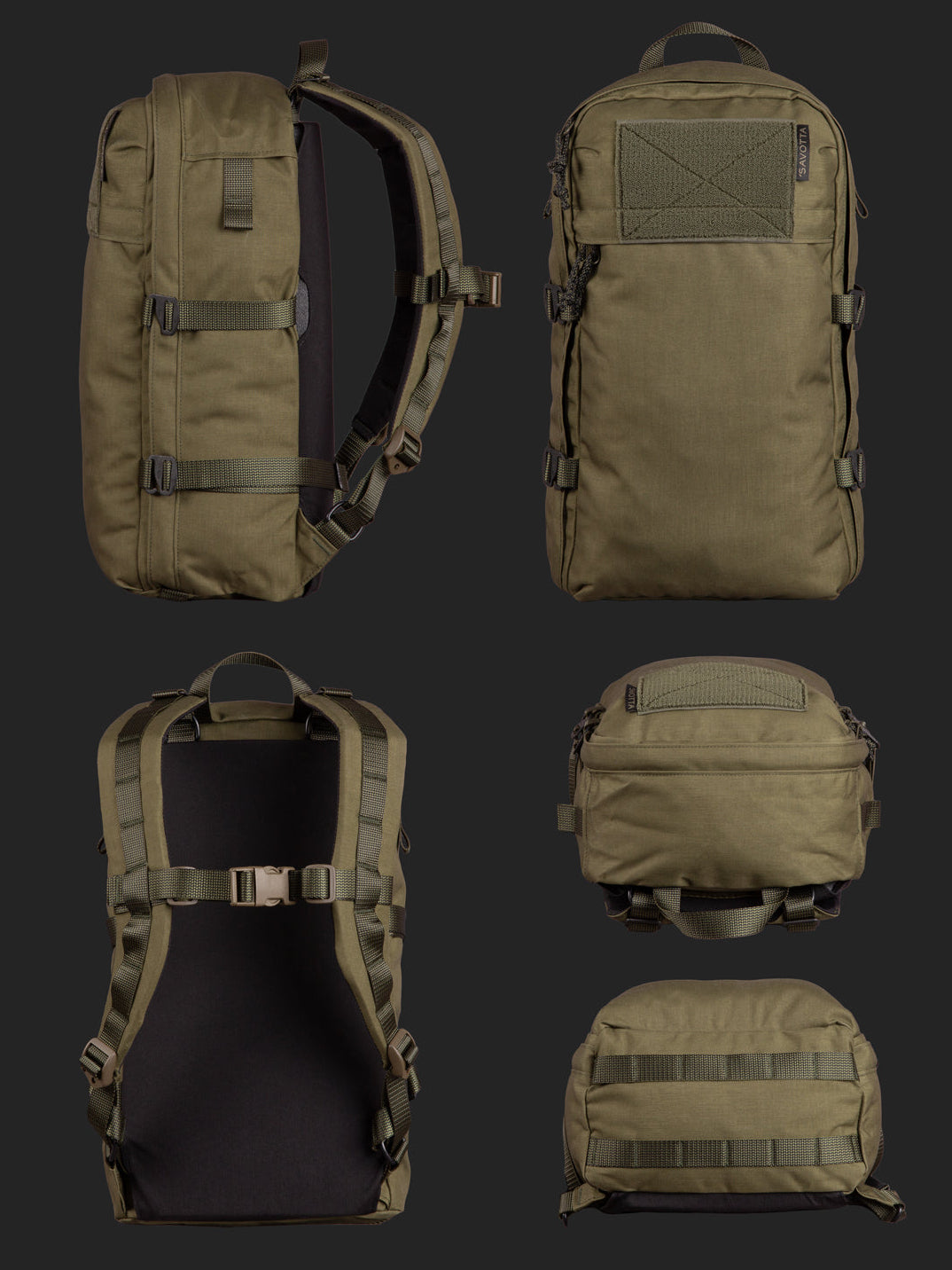 Savotta Niukka 20L green photographed from the side, top, bottom, front and back