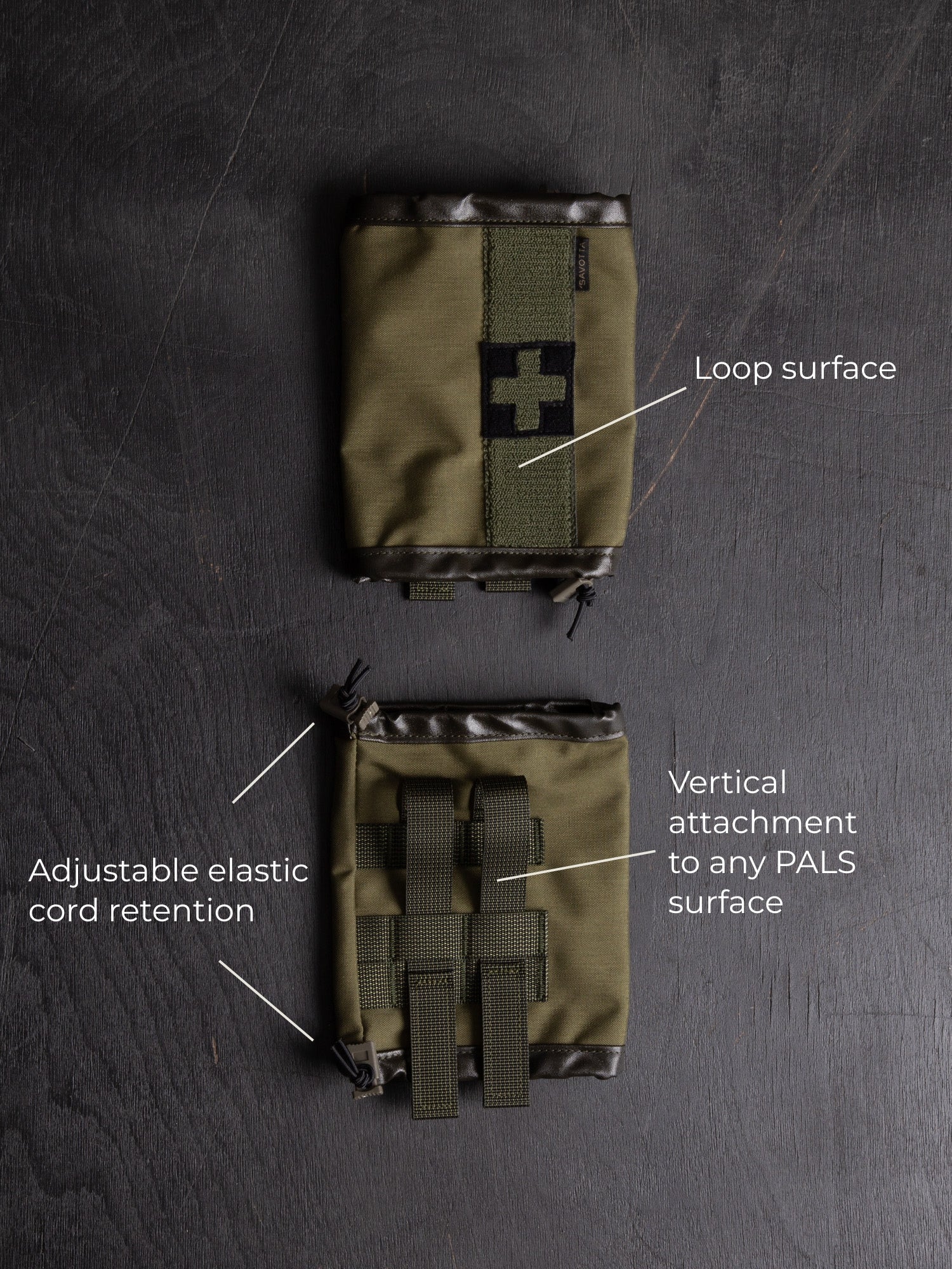 Two Savotta S-IFAK vertical mounts showing both the front and the back of the product, with labels on a dark surface