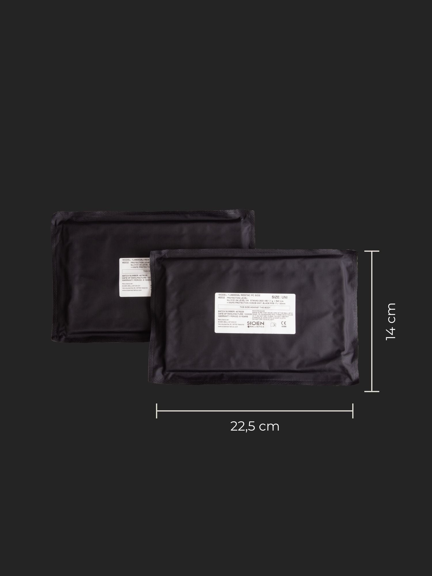 Two Savotta Sioen 22,5x14cm NIJ IIA panels and dimensions on a black background