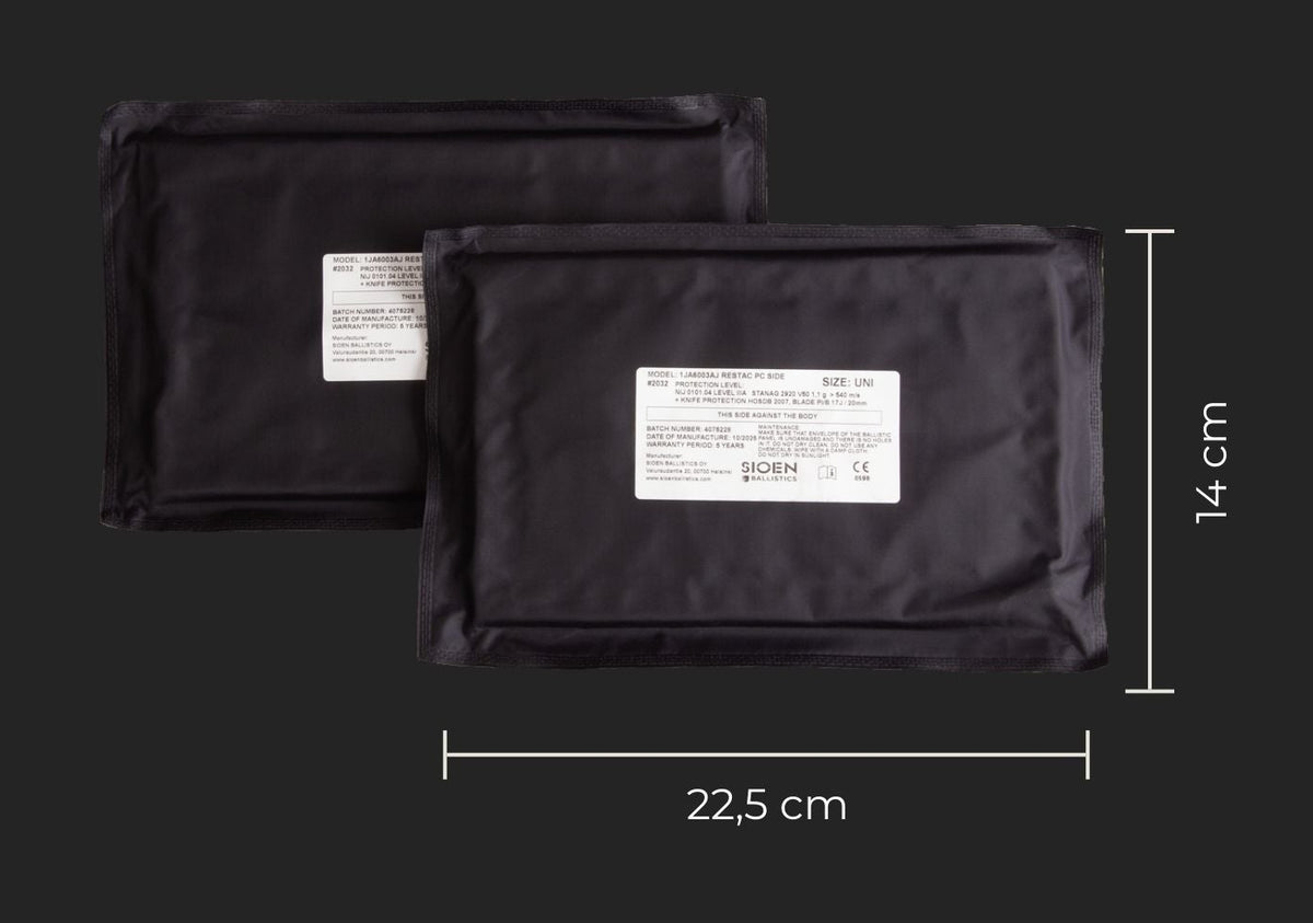 Two Savotta Sioen 22,5x14cm NIJ IIA panels and dimensions on a black background