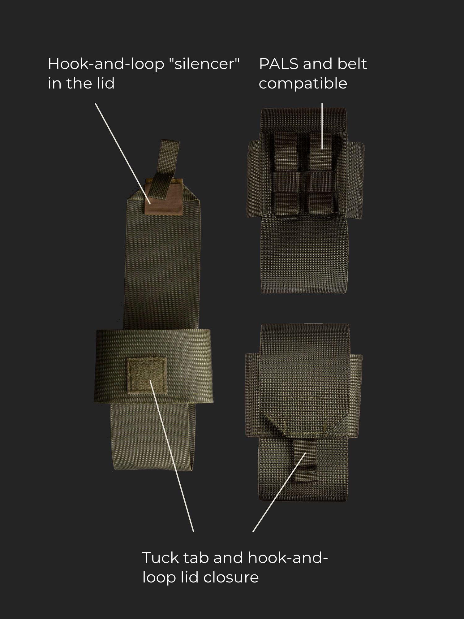 Technical image of a Savotta Trifold E-tool pouch with labeled features on a black background