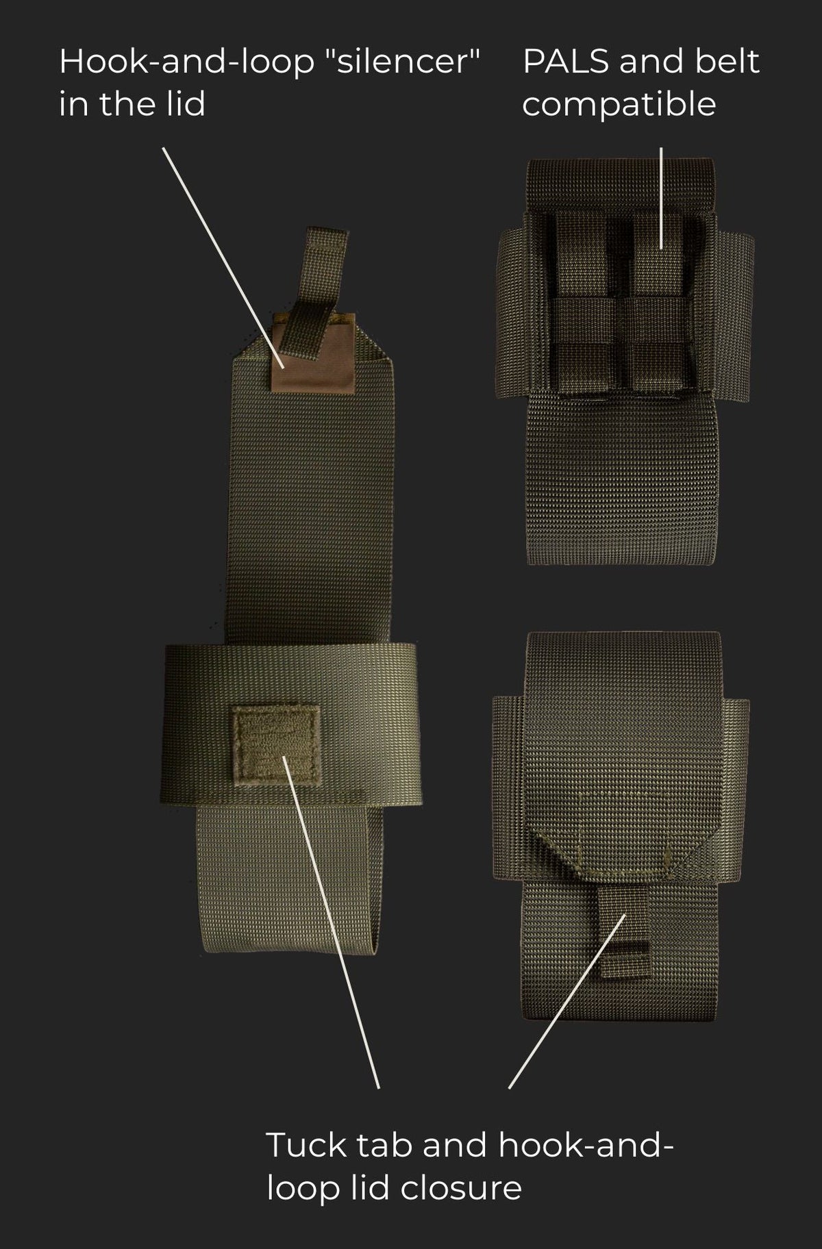Technical image of a Savotta Trifold E-tool pouch with labeled features on a black background