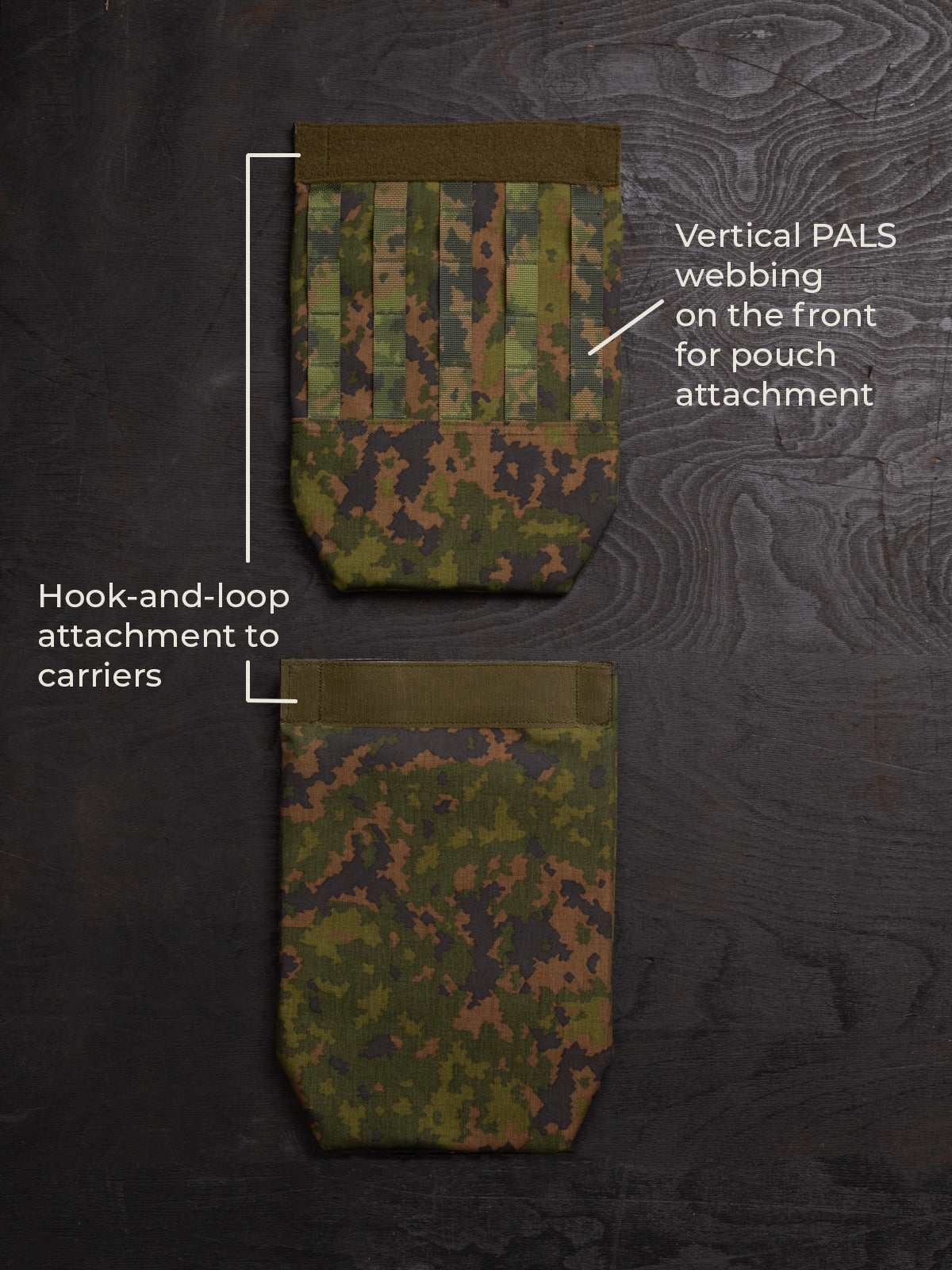 The two sides of Savotta Varjelus groin flap on a dark wooden background with texts: