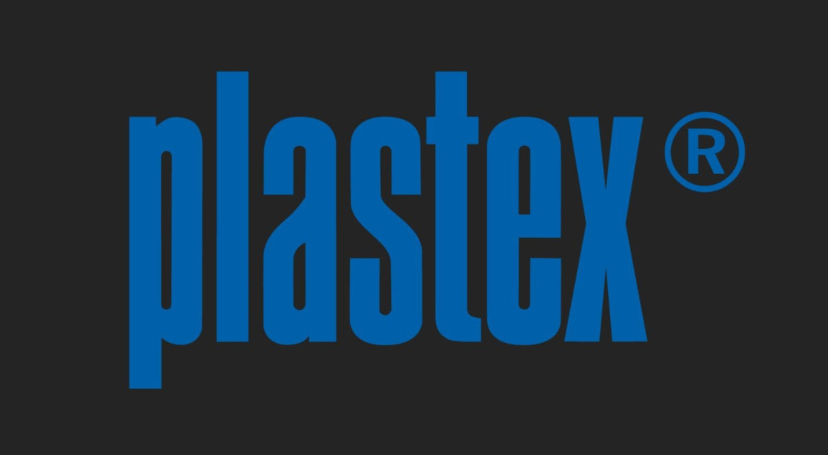 Blue 'plastex' logo on a black background