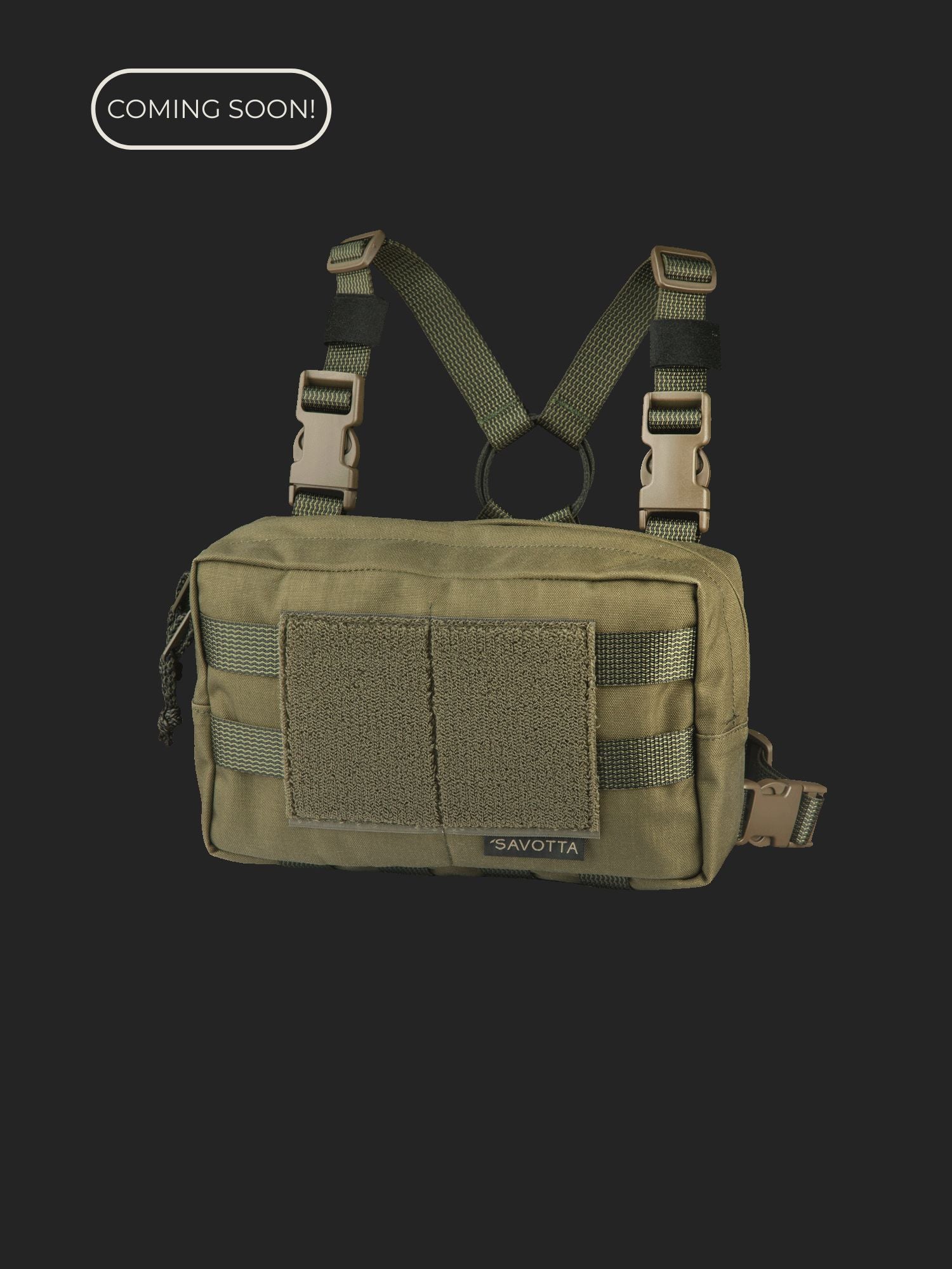 Savotta Rintamus Chest pack in green on a dark grey background with text: Coming soon!