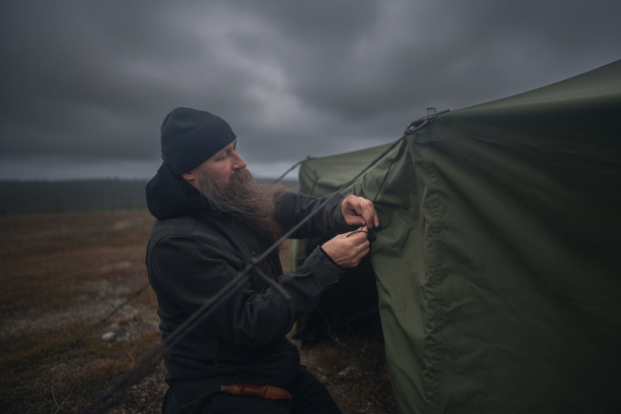 Man adjusting a green Savotta field camp tent in a foggy outdoor setting