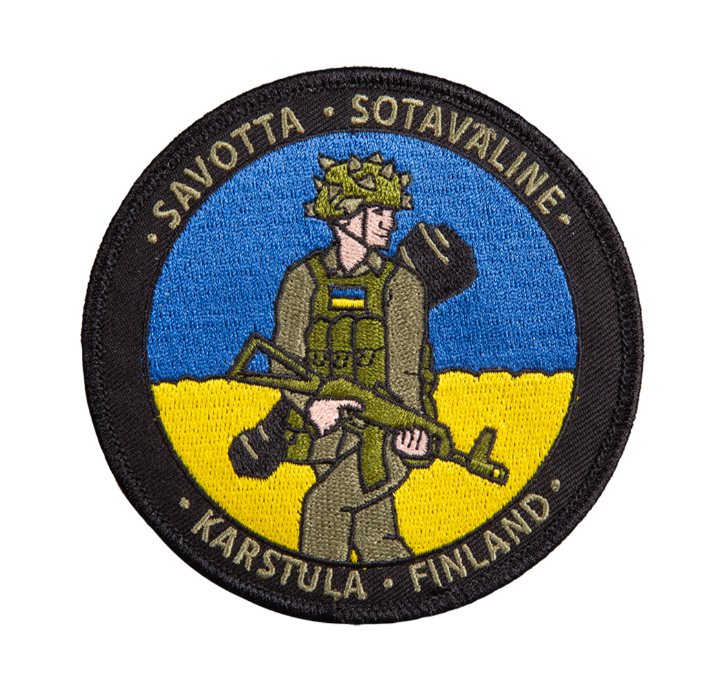 Circular patch with a soldier illustration with Ukrainian flag colours on the back and text