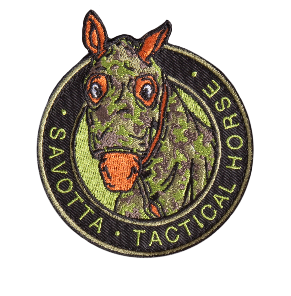 Camouflage horse head patch with 'Savotta Tactical Horse' text around the horse's head