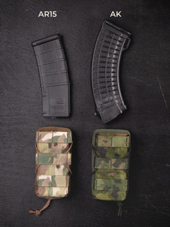 Two differently colored (Multicam and M05 woodland) Savotta AR15-AK mag pouches on a dark wooden background, labeled for AR15 and AK