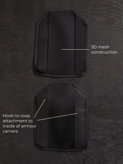 Two Savotta Varjelus comfort pads with the texts "3D-mesh construction" and "Hook-to-loop attachment to inside of armor carriers" against a dark background.