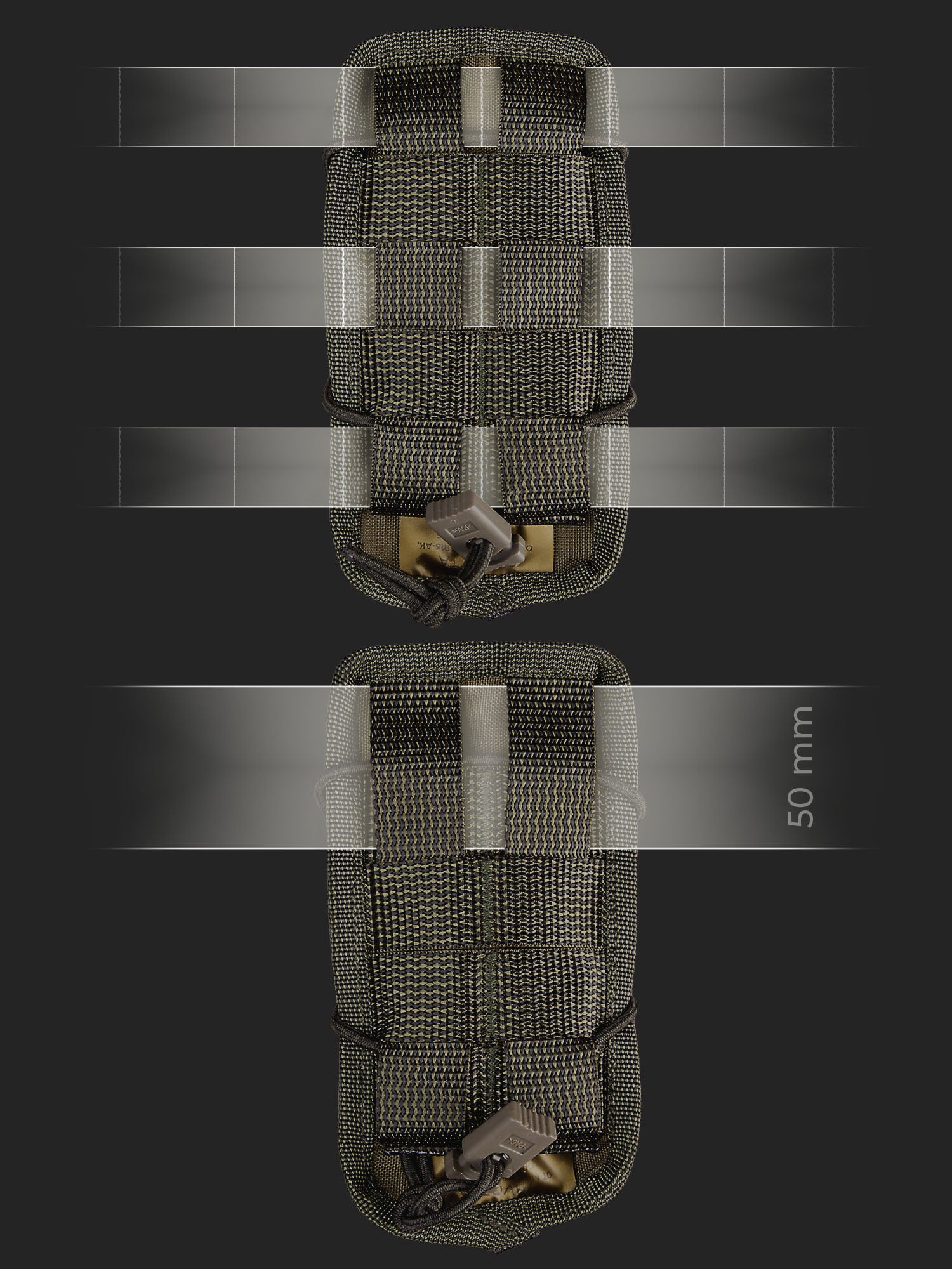 Two technical views of a Savotta open top AR15-AK mag pouch, showing its alternative attachment systems (PALS or a 50mm belt), on a dark background 