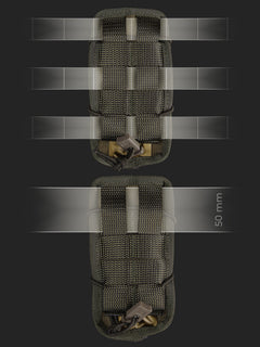 Two technical views of a Savotta open top AR15-AK mag pouch, showing its alternative attachment systems (PALS or a 50mm belt), on a dark background 