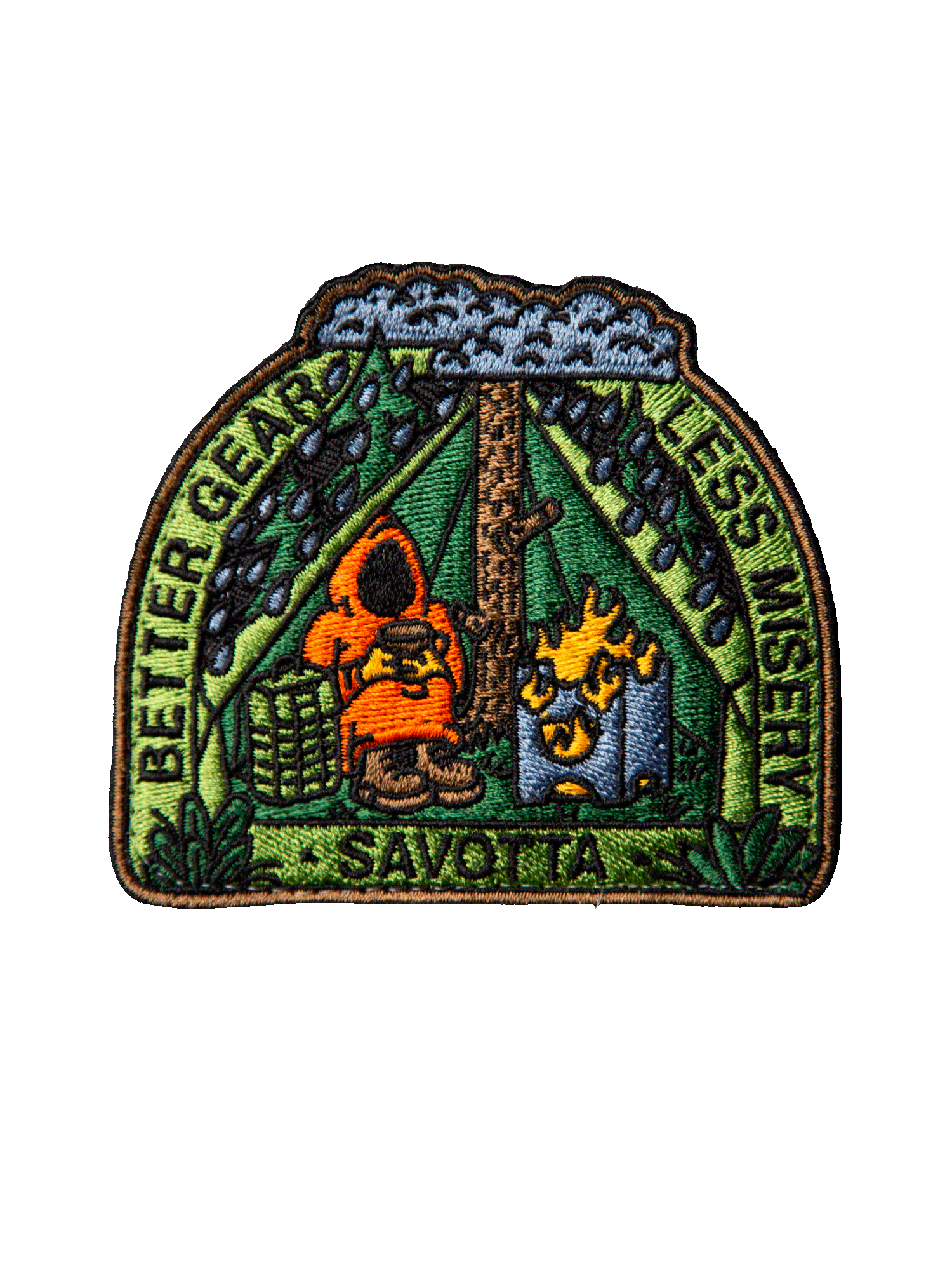 Embroidered Savotta Better gear less misery -patch with a cult person inside a tent while it's raining