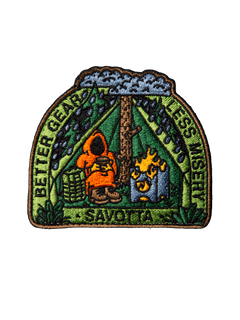 Embroidered Savotta Better gear less misery -patch with a cult person inside a tent while it's raining