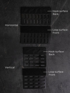 Two vertical and two horizontal Savotta dangler adapters on a dark background with labels, showing both front and back of the product