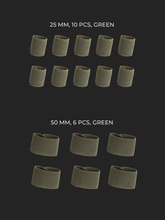 Picture with 10 pcs of  25 mm and 6 pcs of 50 mm Savotta strap keepers, demonstrating how many are included in one packet