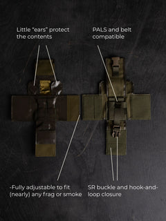 Technical image of a Savotta frag smoke pouch with features highlighted on a dark background