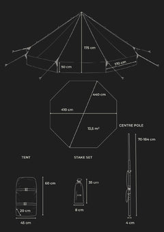 Technical drawing of a Savotta Hawu 8 tent setup with dimensions on a black background