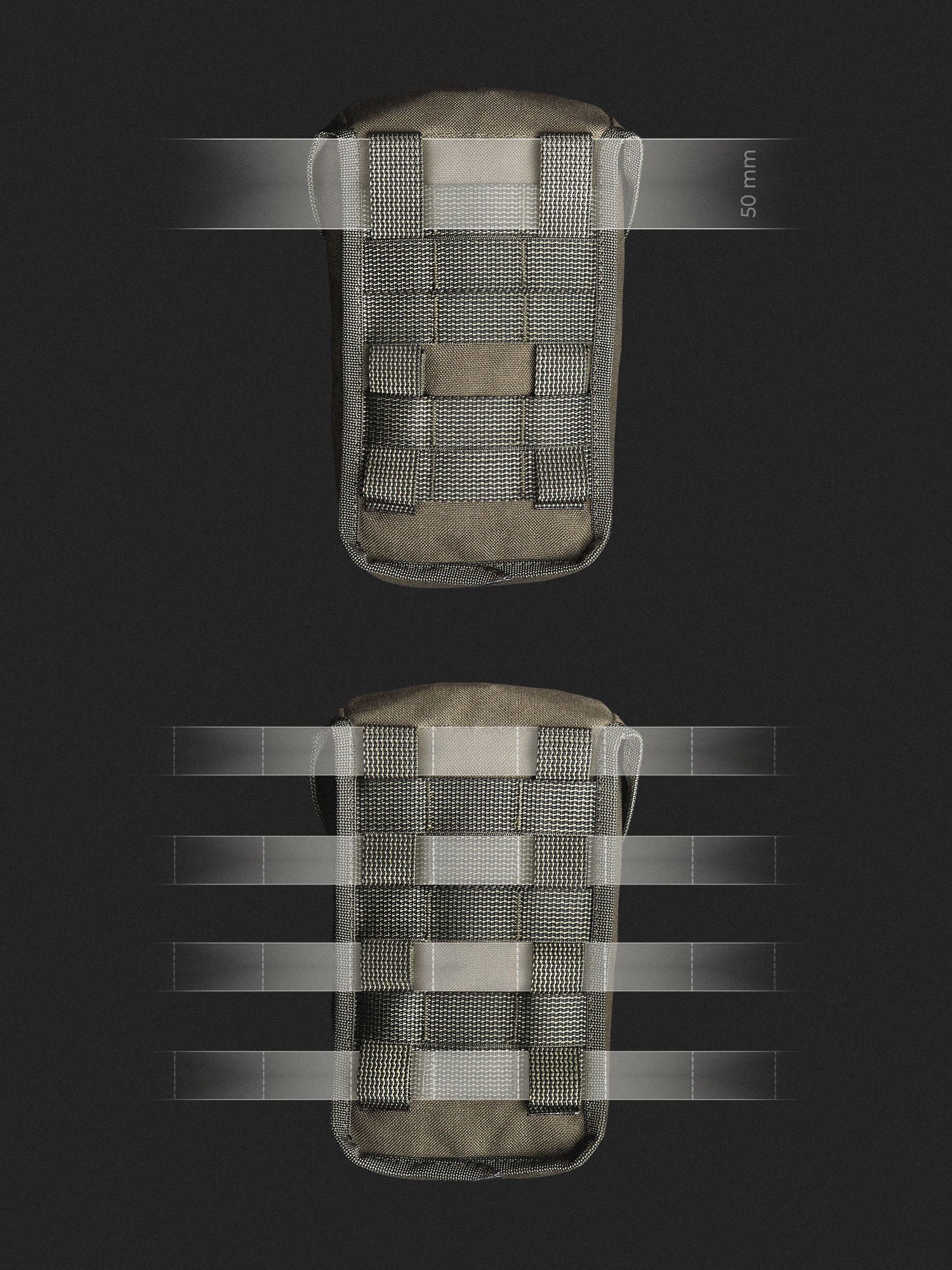 Technical image showing two attachment styles for the Savotta Lidded GP pouch 3x4 using PALS 