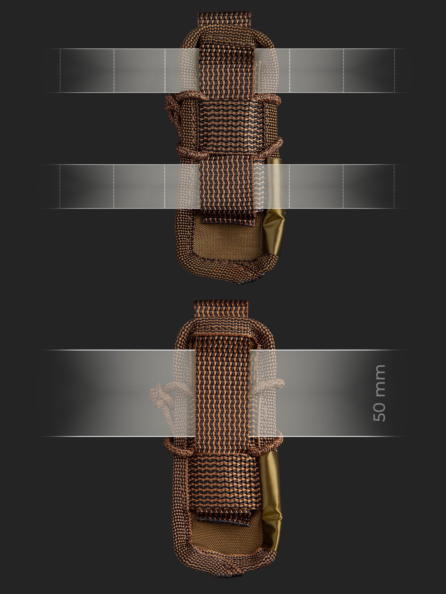 Two technical views of a brown Savotta open top pistol mag pouch, showing its alternative attachment systems (PALS or a 50mm belt), on a dark background 