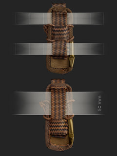 Two technical views of a brown Savotta open top pistol mag pouch, showing its alternative attachment systems (PALS or a 50mm belt), on a dark background 