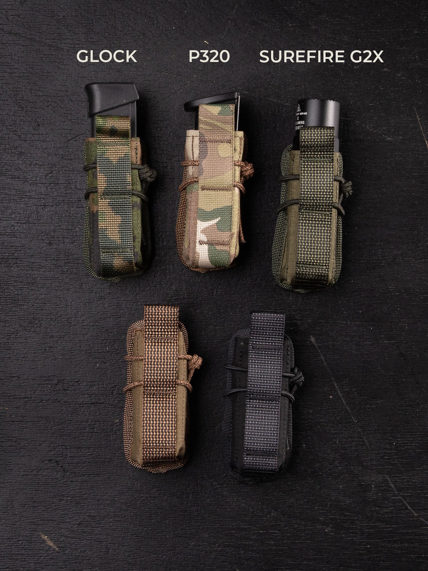 Five differently colored (M05 woodland, Multicam, green, brown and black) Savotta pistol magazine pouches on a black background, with labels for 'Glock', 'P320', 'Surefire G2X'.