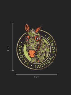 Savotta camouflage horse head patch with 'Savotta Tactical Horse' text and measurements 9x8cm on a black background