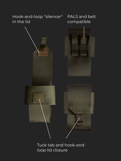 Technical image of a Savotta Trifold E-tool pouch with labeled features on a black background