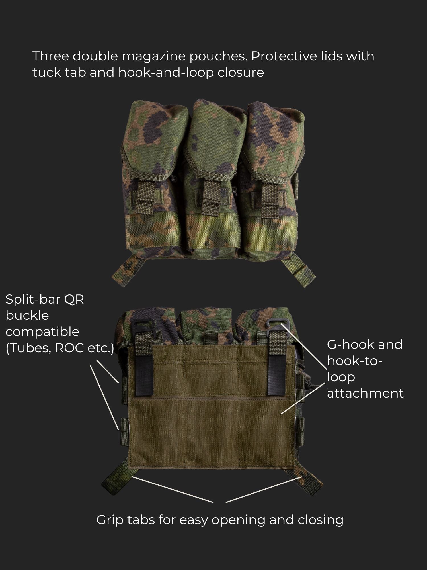 Savotta’s 3x2 Varjelus AR15–AK placard photographed from both sides against a dark background. Above the front‑side image it reads 