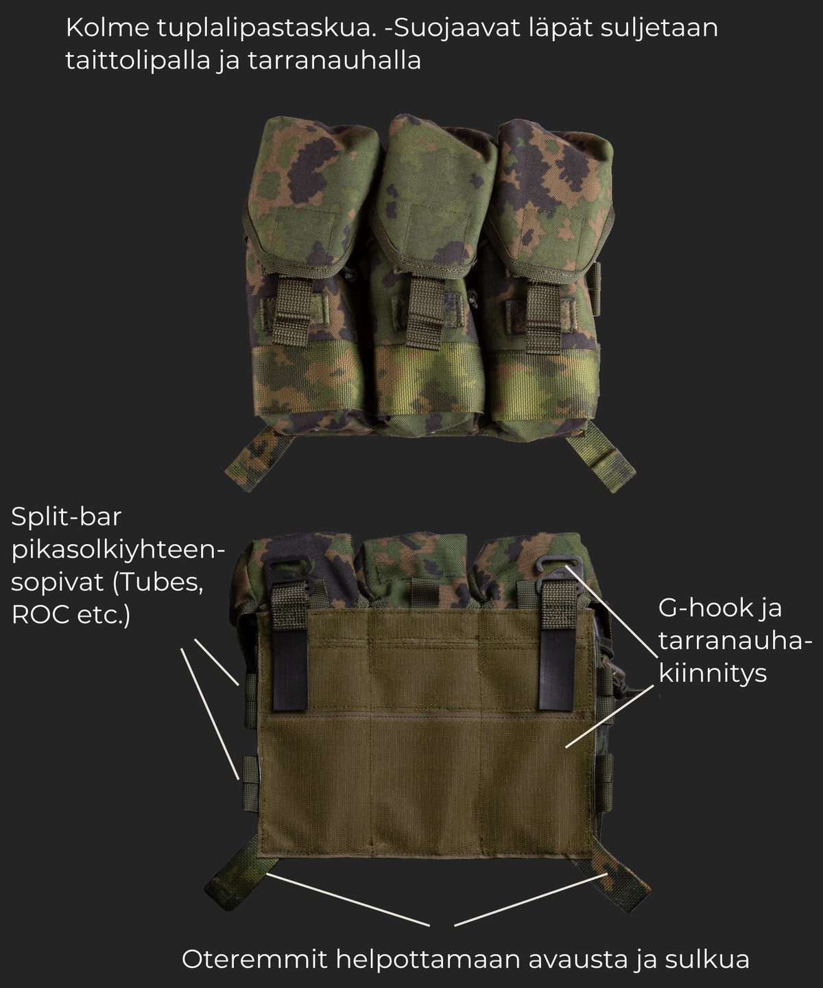 Savotan 3x2 Varjelus AR15-AK placard kuvattuna kahdelta puolelta tummaa taustaa vasten. Etupuolen kuvan yläpuolella lukee 