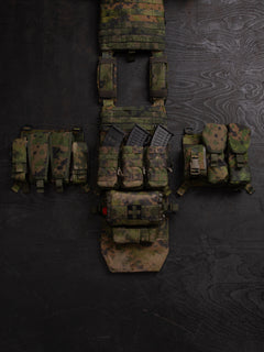 Savotta Varjelus PALS placard and different Savotta mag pouches attached to the Varjelus plate carrier which is being spread out on a dark wooden background.