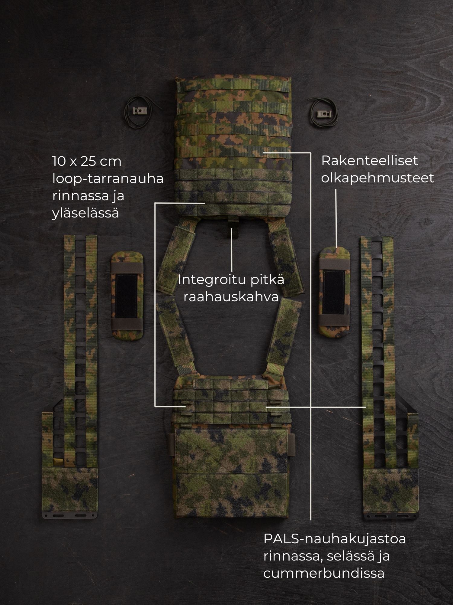 Savotta Varjelus plate carrier levitettynä kaikkien osiensa (cummerbund, olkapehmusteet ja kuminauhat) kanssa tummaa taustaa vasten. Taustalla lukee 