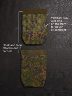 The two sides of Savotta Varjelus groin flap on a dark wooden background with texts: "Vertical PALS webbing on the front for pouch attachment" and "Hook-and-loop attachment to carriers".