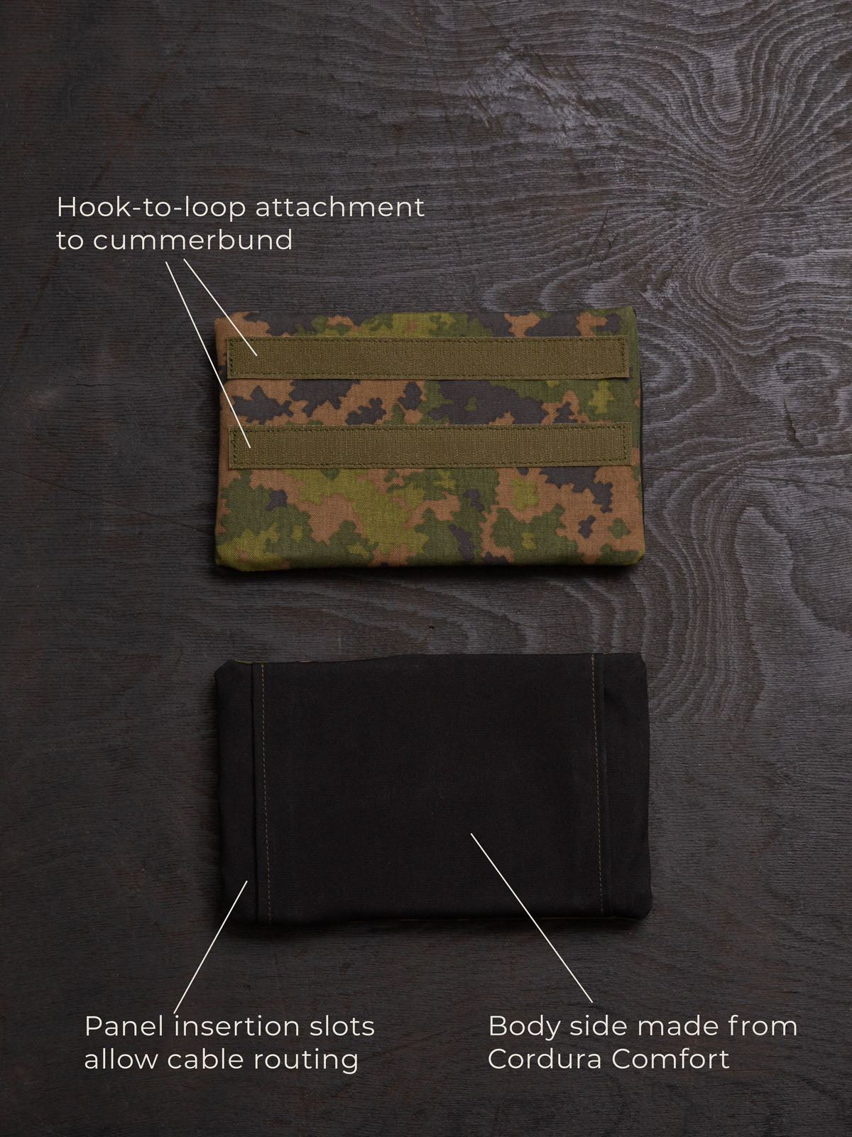 Savotta Varjelus side armour bags photographed from the front and the back with descriptions about the product