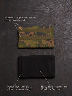 Savotta Varjelus side armour bags photographed from the front and the back with descriptions about the product