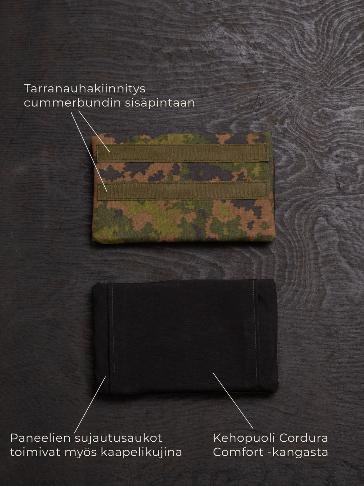 Savotta Varjelus side armour bags kuvattuna edestä ja takaa, ohessa tekstejä tuotteen ominaisuuksista.