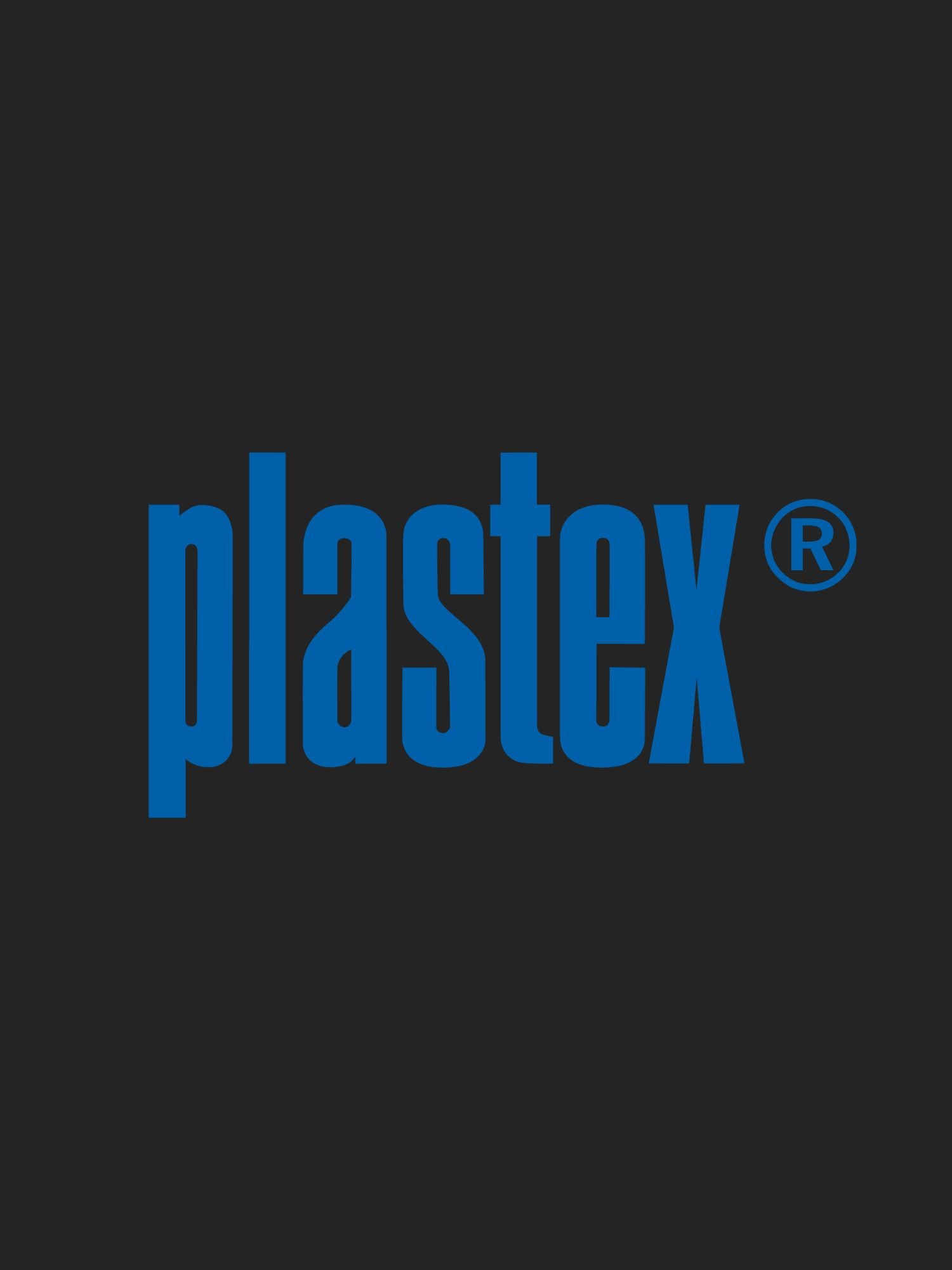 Blue 'plastex' logo on a black background