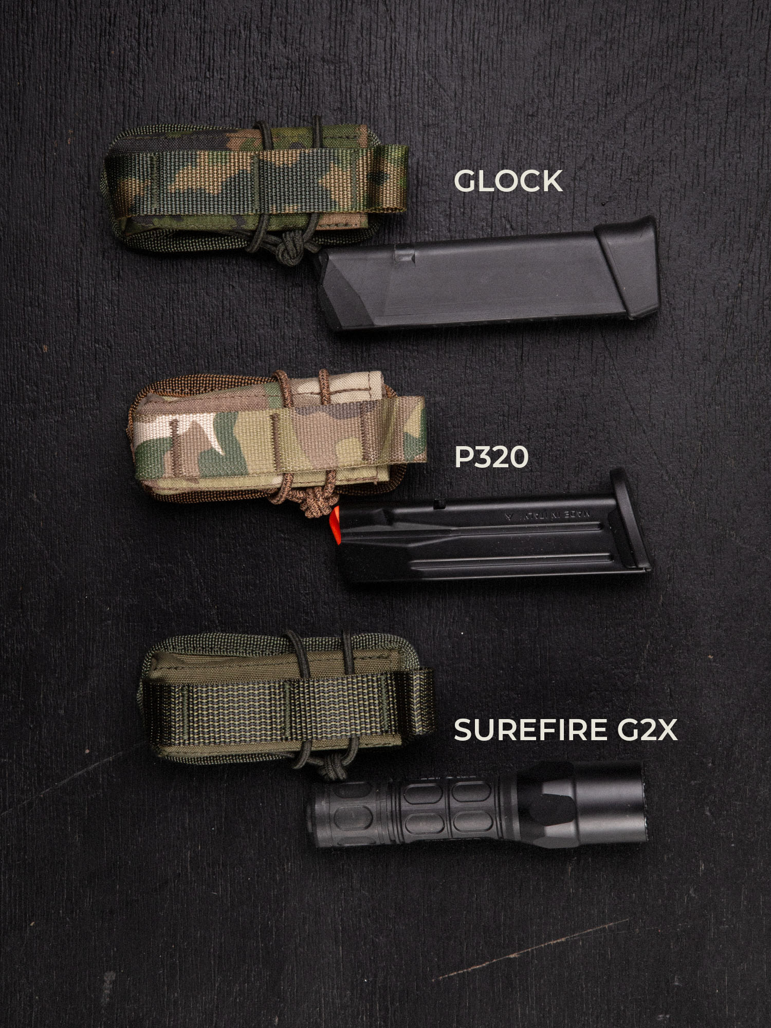 Three differently colored (M05 woodland, Multicam and green) Savotta pistol magazine pouches with labels for Glock, P320, and Surefire G2X on a black background.