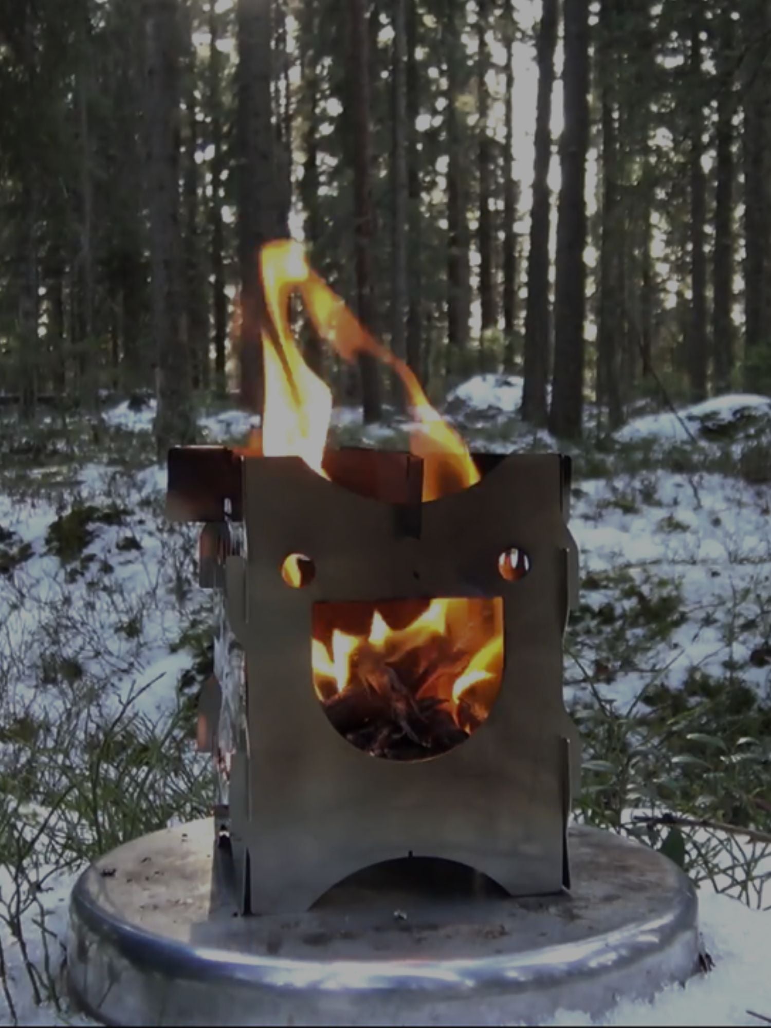 Savotta happy stove burning wood in a forest